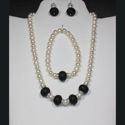 Jewelry Set Genuine Pearl and Onyx Gemstone