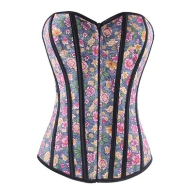 Corset Blue Denim Floral Design with Front Zipper