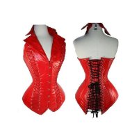 Steel Boned Corset Red Leather Fabric with Collar