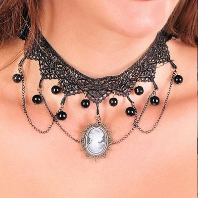 Choker Necklace Beaded Black Lace with Cameo Pendant