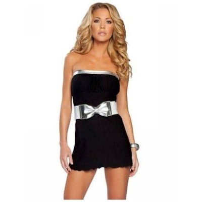 Dress Simple Black Club Wear Mini Dress with Silver Bow