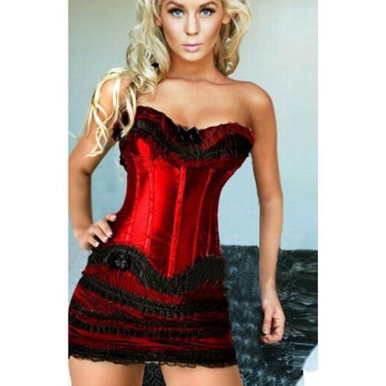 Corset Set Red Corset with Black Lace and Skirt