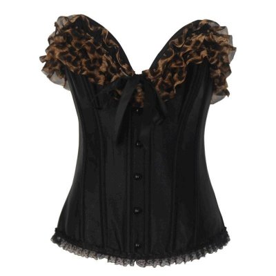 Steel Boned Corset Black with Leopard Print Ruffle