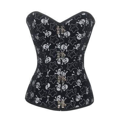 Steel Boned Corset Black with Skulls and Hinge Closures