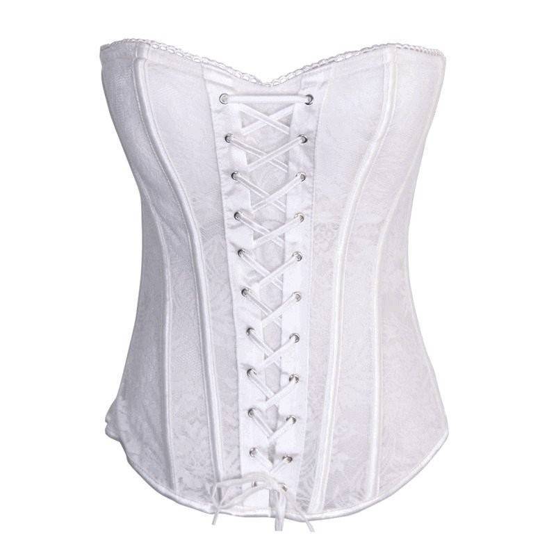Lace Insert Hook Front Boned Detail Bandeau Corset Top In WHITE
