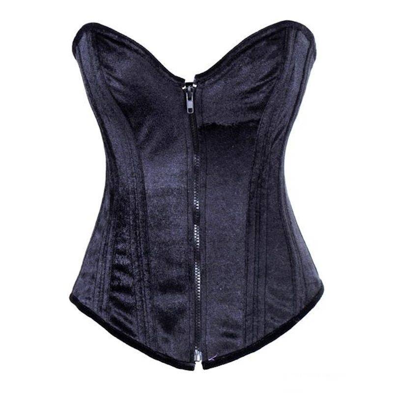 Steel Boned Corset Black Velvet with Front Zipper