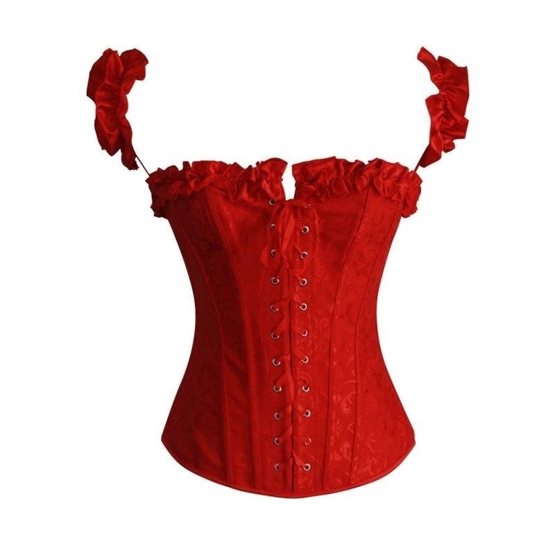 Woman wearing a red corset with her arms raised to her head, showing off  the corset and her shape]